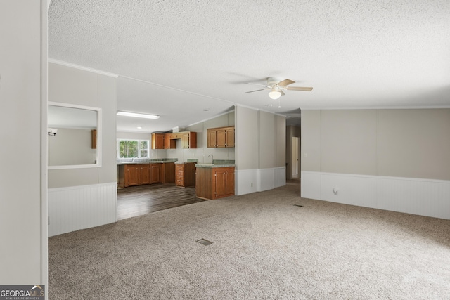 unfurnished living room featuring a wainscoted wall, dark carpet, lofted ceiling, a ceiling fan, and a textured ceiling