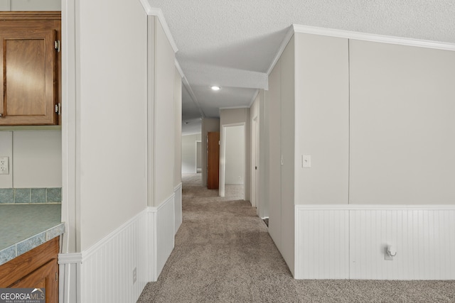 hall featuring carpet, ornamental molding, a textured ceiling, and a wainscoted wall