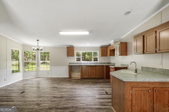 kitchen featuring a sink, dark wood finished floors, ornamental molding, a chandelier, and brown cabinetry