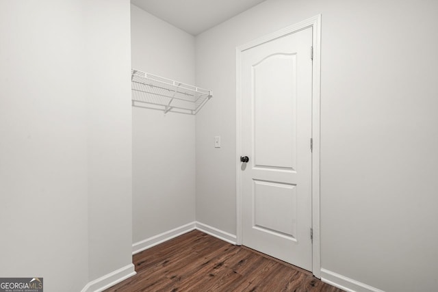 walk in closet with dark wood finished floors