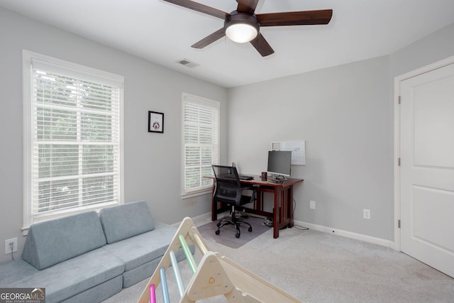 855 Mountain View Ter NW, Marietta, GA 30064 - office area featuring a ceiling fan, plenty of natural light, carpet flooring, and baseboards