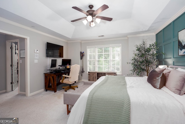855 Mountain View Ter NW, Marietta, GA 30064 - bedroom featuring a raised ceiling, an office area, light colored carpet, ceiling fan, and crown molding