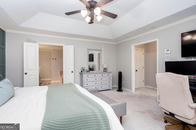 855 Mountain View Ter NW, Marietta, GA 30064 - bedroom featuring a tray ceiling, light carpet, ornamental molding, baseboards, and a ceiling fan
