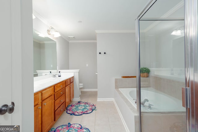 855 Mountain View Ter NW, Marietta, GA 30064 - bathroom featuring double vanity, tile patterned flooring, a bath, toilet, and ornamental molding