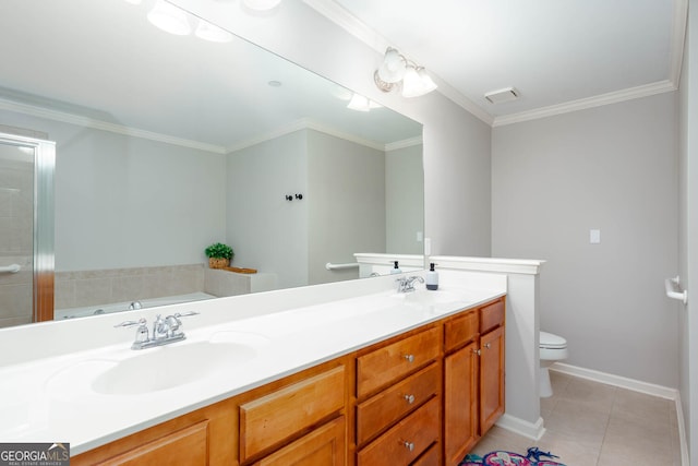 855 Mountain View Ter NW, Marietta, GA 30064 - full bathroom with toilet, double vanity, tile patterned floors, a garden tub, and crown molding