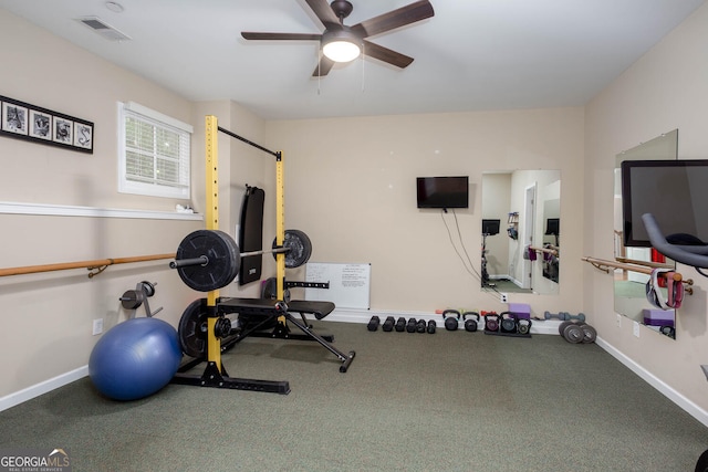 855 Mountain View Ter NW, Marietta, GA 30064 - workout room with a ceiling fan, carpet floors, and baseboards