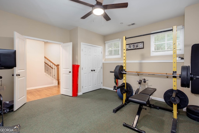 855 Mountain View Ter NW, Marietta, GA 30064 - exercise room featuring ceiling fan, baseboards, and carpet floors