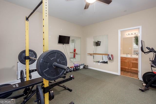 855 Mountain View Ter NW, Marietta, GA 30064 - workout room featuring a ceiling fan, baseboards, and carpet flooring