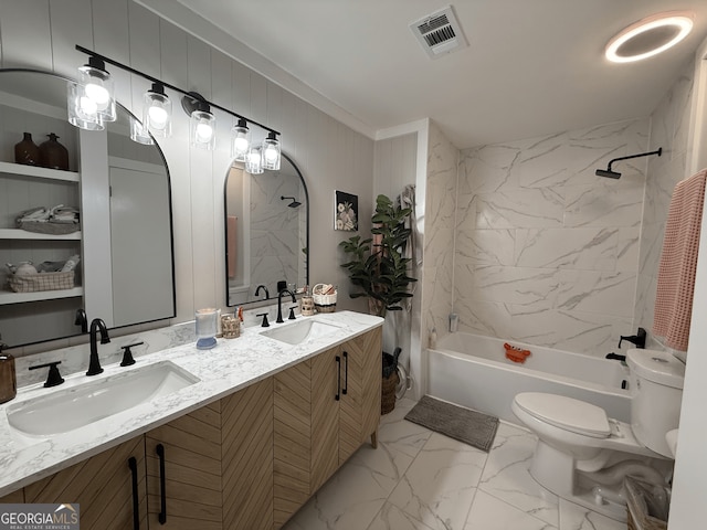 full bathroom with toilet, ornamental molding, tub / shower combination, marble finish flooring, and double vanity