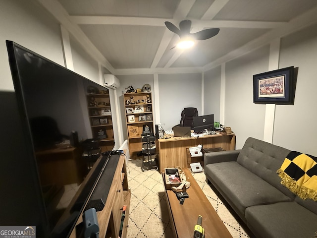 office area with ceiling fan and a wall mounted air conditioner
