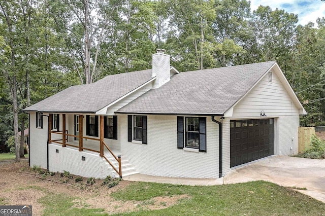 ranch-style house featuring an attached garage, brick siding, concrete driveway, and a shingled roof