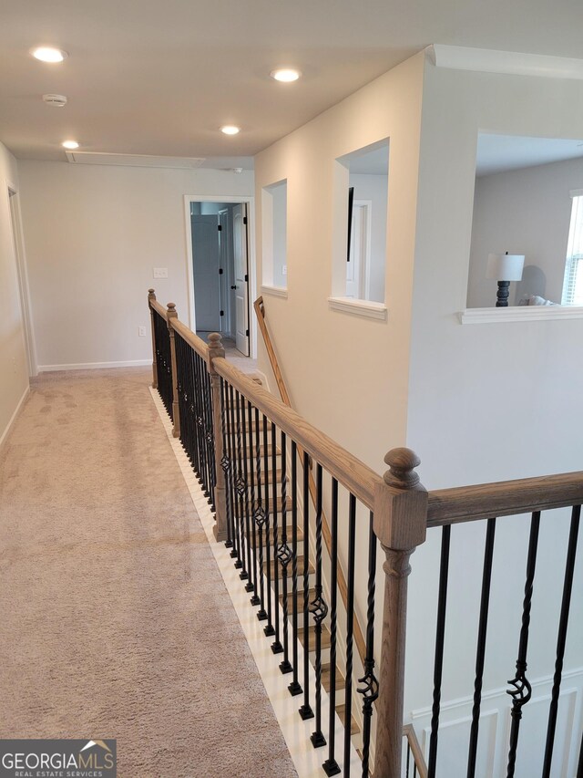 436 Lothbury Ave, Locust Grove, GA 30248 - staircase featuring recessed lighting, carpet flooring, and baseboards