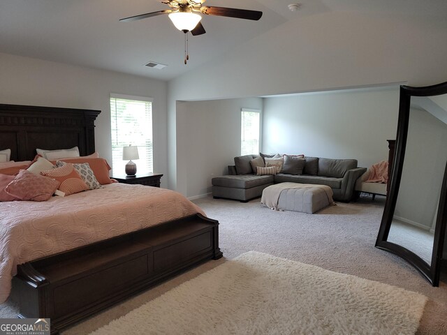 436 Lothbury Ave, Locust Grove, GA 30248 - bedroom featuring light colored carpet, lofted ceiling, baseboards, and a ceiling fan