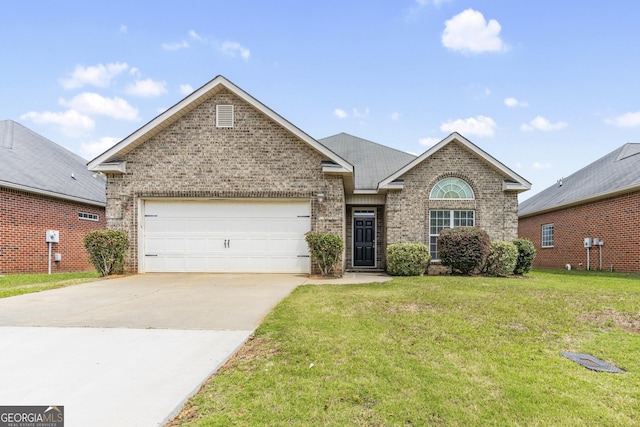 view of front of house with brick siding, a garage, concrete driveway, and a front lawn