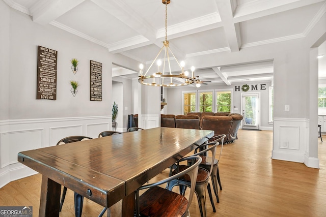3298 Alcovy Club Ct, Dacula, GA 30019 - dining room with coffered ceiling, beam ceiling, a decorative wall, light wood finished floors, and a chandelier