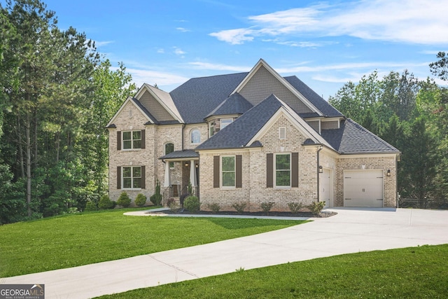 3298 Alcovy Club Ct, Dacula, GA 30019 - view of front of property with a garage, a front lawn, brick siding, driveway, and a shingled roof