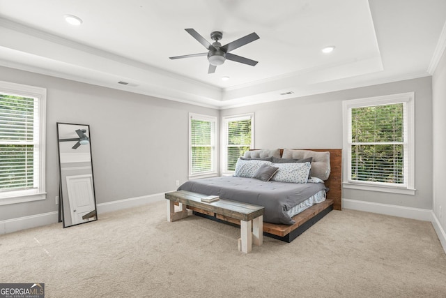 3298 Alcovy Club Ct, Dacula, GA 30019 - carpeted bedroom featuring a raised ceiling, crown molding, multiple windows, baseboards, and recessed lighting