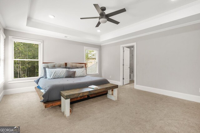 3298 Alcovy Club Ct, Dacula, GA 30019 - bedroom with a tray ceiling, light carpet, baseboards, ornamental molding, and recessed lighting