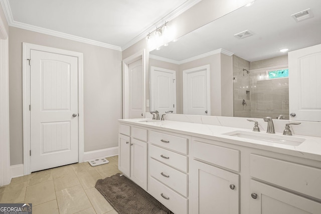 3298 Alcovy Club Ct, Dacula, GA 30019 - bathroom featuring a tile shower, double vanity, ornamental molding, and baseboards