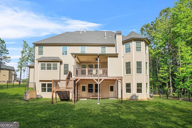 3298 Alcovy Club Ct, Dacula, GA 30019 - back of property featuring stairs, a deck, and ceiling fan