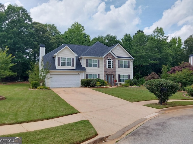 colonial-style house featuring concrete driveway, a chimney, a garage, and a front lawn