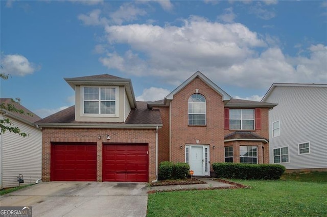 view of front of house featuring brick siding, a front yard, concrete driveway, and a garage