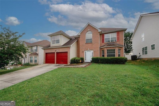 view of front of house with brick siding, concrete driveway, a front yard, central AC, and an attached garage