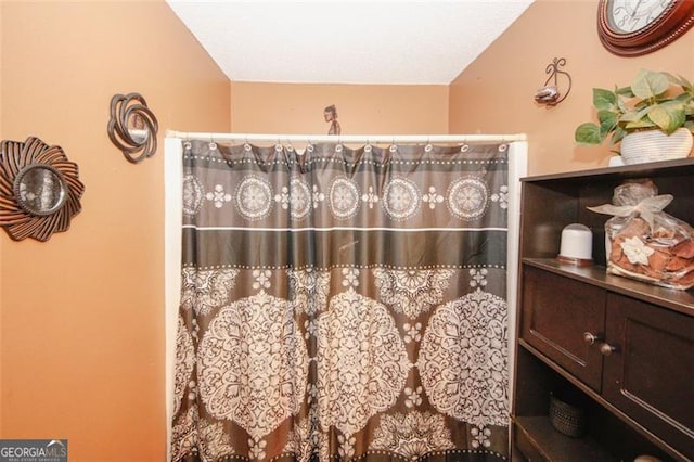 bathroom view of a shower with shower curtain