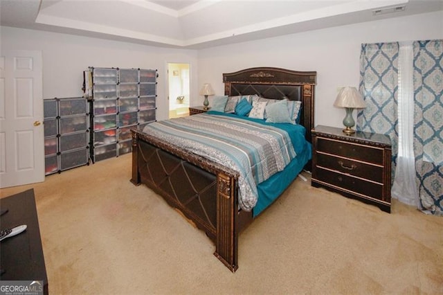 carpeted bedroom with a tray ceiling