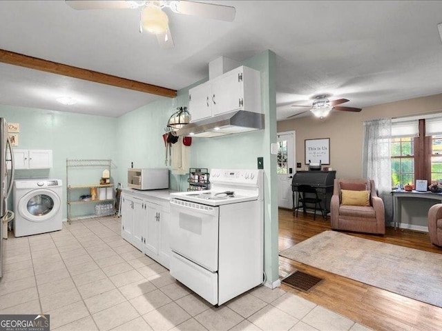 665 Mcclain Mountain Rd, Jasper, GA 30143 - kitchen with white appliances, washer / clothes dryer, a ceiling fan, under cabinet range hood, and light tile patterned floors