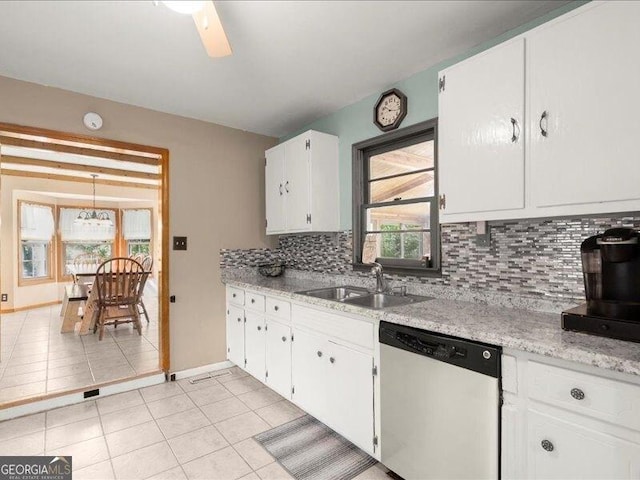 665 Mcclain Mountain Rd, Jasper, GA 30143 - kitchen with dishwasher, tasteful backsplash, light tile patterned floors, white cabinets, and ceiling fan