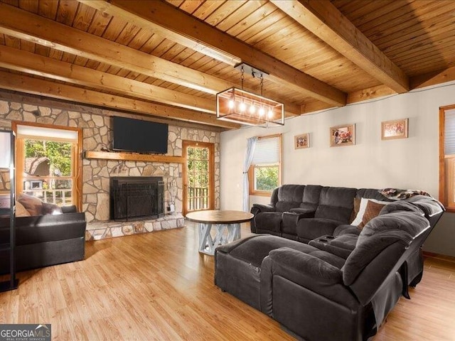 665 Mcclain Mountain Rd, Jasper, GA 30143 - living room featuring a wooden ceiling with exposed beams, wood finished floors, and a fireplace