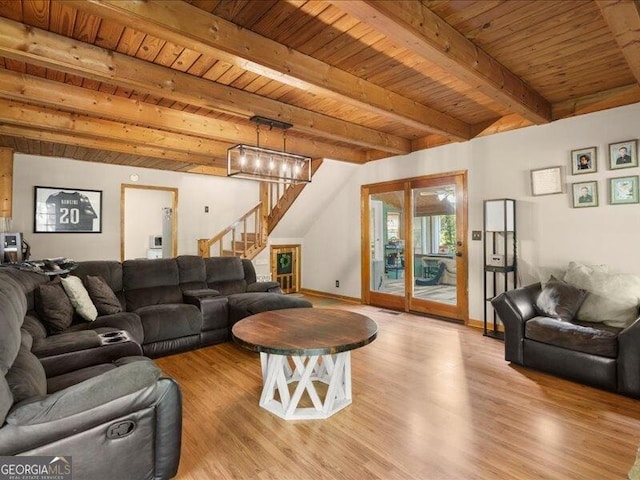 665 Mcclain Mountain Rd, Jasper, GA 30143 - living area featuring wood finished floors, stairs, and a wooden ceiling with exposed beams
