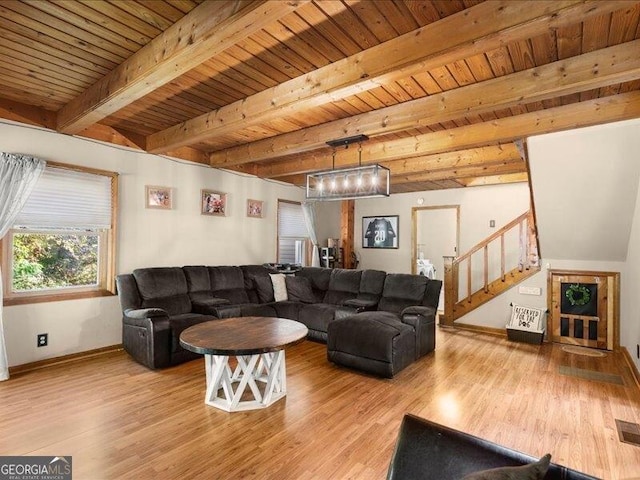 665 Mcclain Mountain Rd, Jasper, GA 30143 - living room with wood finished floors, stairs, and a wood ceiling with exposed beams