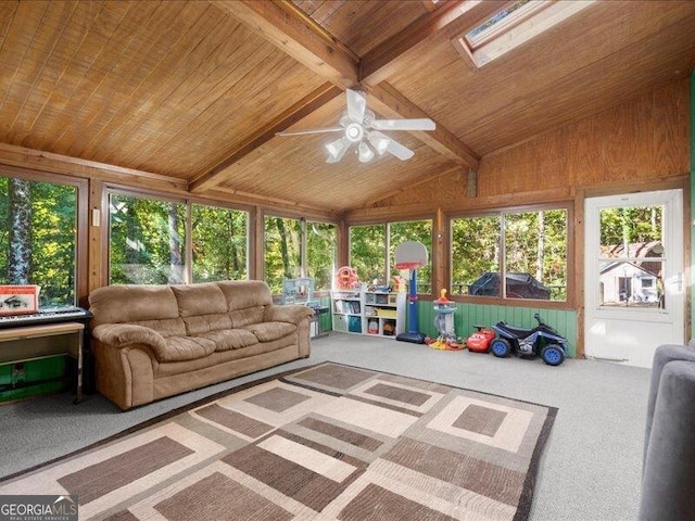 665 Mcclain Mountain Rd, Jasper, GA 30143 - sunroom / solarium with plenty of natural light, carpet flooring, wood ceiling, a ceiling fan, and wood walls