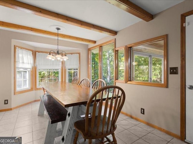665 Mcclain Mountain Rd, Jasper, GA 30143 - dining room with light tile patterned floors, beamed ceiling, and a chandelier