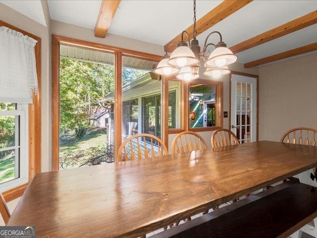 665 Mcclain Mountain Rd, Jasper, GA 30143 - dining area featuring beamed ceiling, a chandelier, and healthy amount of natural light