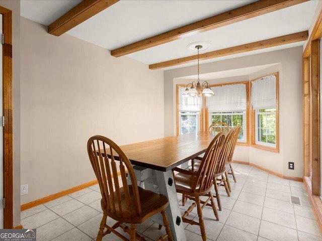 665 Mcclain Mountain Rd, Jasper, GA 30143 - dining room with beamed ceiling, light tile patterned floors, and a chandelier
