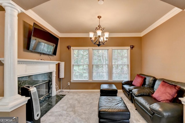 3565 Hickory Branch Trl, Suwanee, GA 30024 - living area featuring a chandelier, a high end fireplace, and crown molding