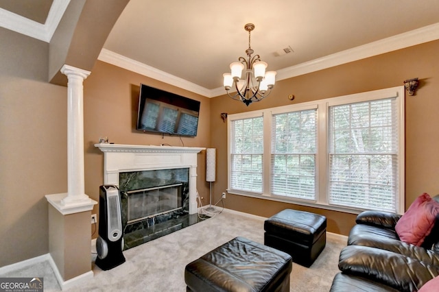 3565 Hickory Branch Trl, Suwanee, GA 30024 - living area with a chandelier, ornamental molding, carpet floors, a high end fireplace, and decorative columns