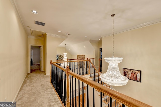 3565 Hickory Branch Trl, Suwanee, GA 30024 - hallway featuring attic access, an upstairs landing, ornamental molding, light colored carpet, and recessed lighting