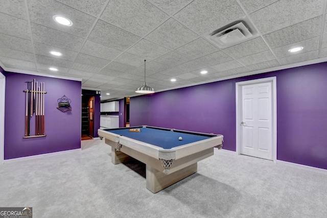 3565 Hickory Branch Trl, Suwanee, GA 30024 - game room with carpet, recessed lighting, billiards, and a paneled ceiling