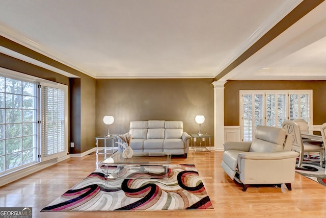 3565 Hickory Branch Trl, Suwanee, GA 30024 - living room with plenty of natural light, wood finished floors, ornamental molding, decorative columns, and a wainscoted wall