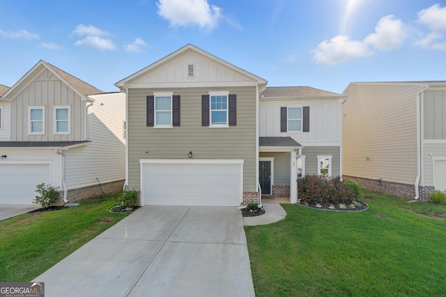 55 Knightsbridge Ln, Winder, GA 30680 - view of front of property with board and batten siding, driveway, a garage, and a front yard