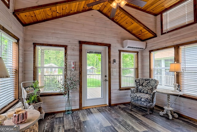 4960 Laurel Ldg, Clarkesville, GA 30523 - doorway to outside with wooden walls, an AC wall unit, a ceiling fan, hardwood / wood-style floors, and wooden ceiling
