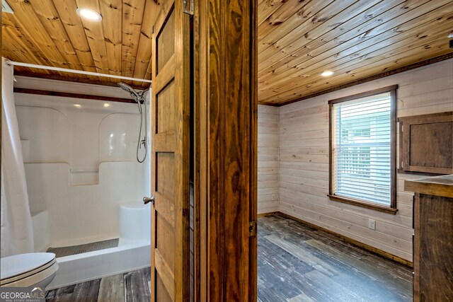 4960 Laurel Ldg, Clarkesville, GA 30523 - full bathroom featuring wooden ceiling, a stall shower, wood-type flooring, toilet, and wood walls