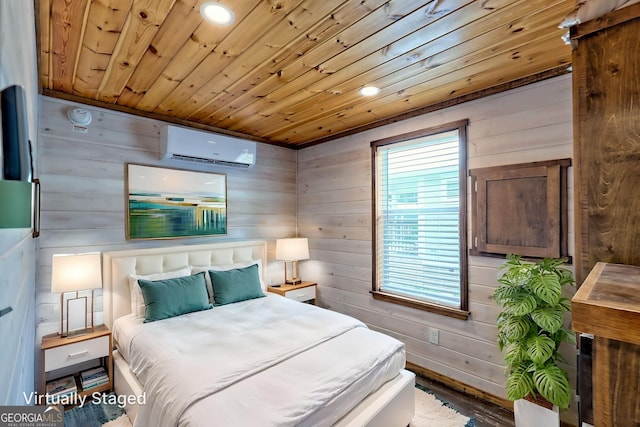 4960 Laurel Ldg, Clarkesville, GA 30523 - bedroom featuring a wall mounted AC, wood ceiling, wood walls, wood finished floors, and recessed lighting