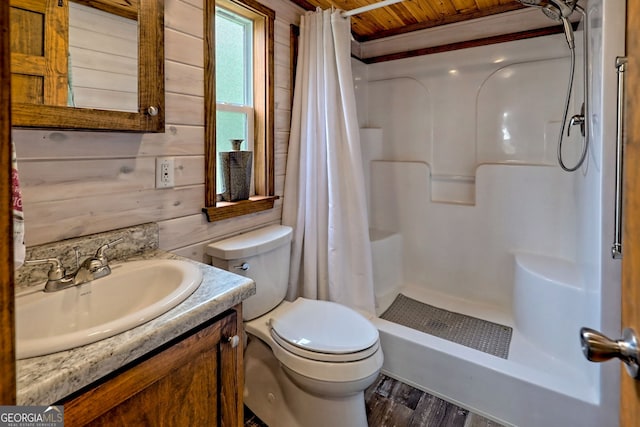 4960 Laurel Ldg, Clarkesville, GA 30523 - bathroom featuring wood ceiling, wood walls, a stall shower, toilet, and vanity