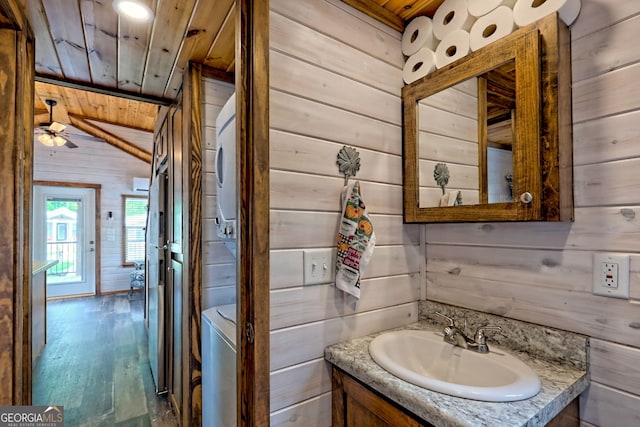 4960 Laurel Ldg, Clarkesville, GA 30523 - bathroom with wooden ceiling, wooden walls, wood finished floors, vanity, and a ceiling fan