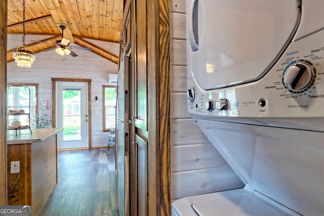 4960 Laurel Ldg, Clarkesville, GA 30523 - washroom with wood ceiling, stacked washer and clothes dryer, wooden walls, ceiling fan, and wood finished floors